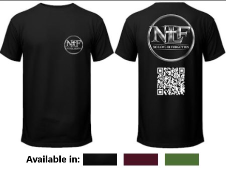 NLF T-shirt — front and back, available in black, maroon, and green