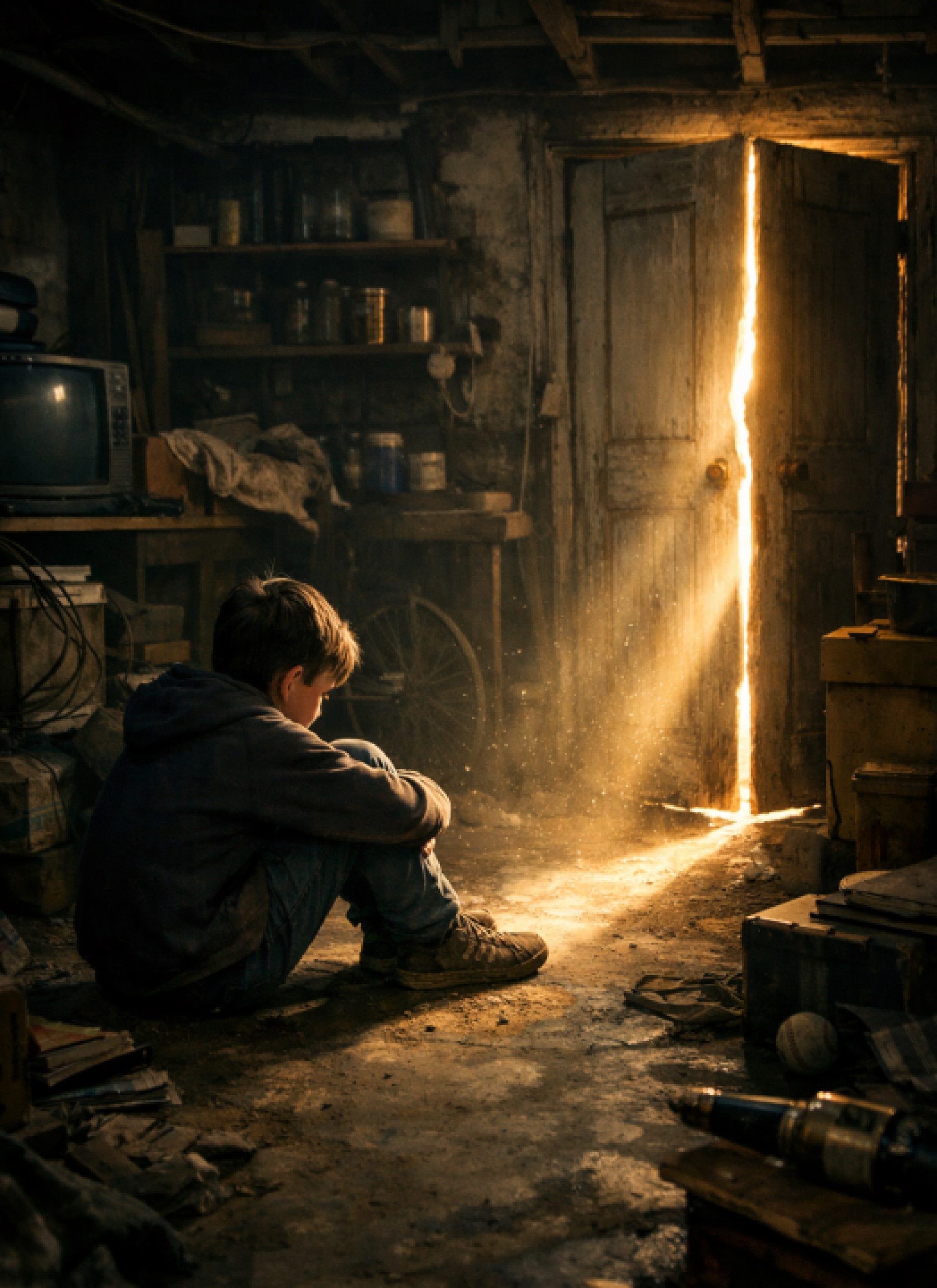 A boy sitting in a dark room as light breaks through an opening door